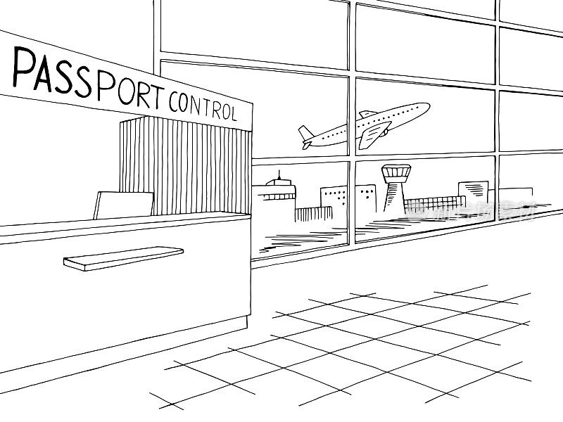 护照管制机场内部图形黑白草图插图矢量