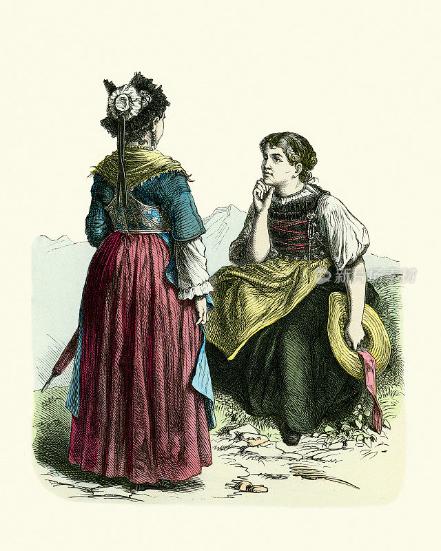 传统服饰瑞士19世纪。女人穿衣服，沙法豪森圣加伦