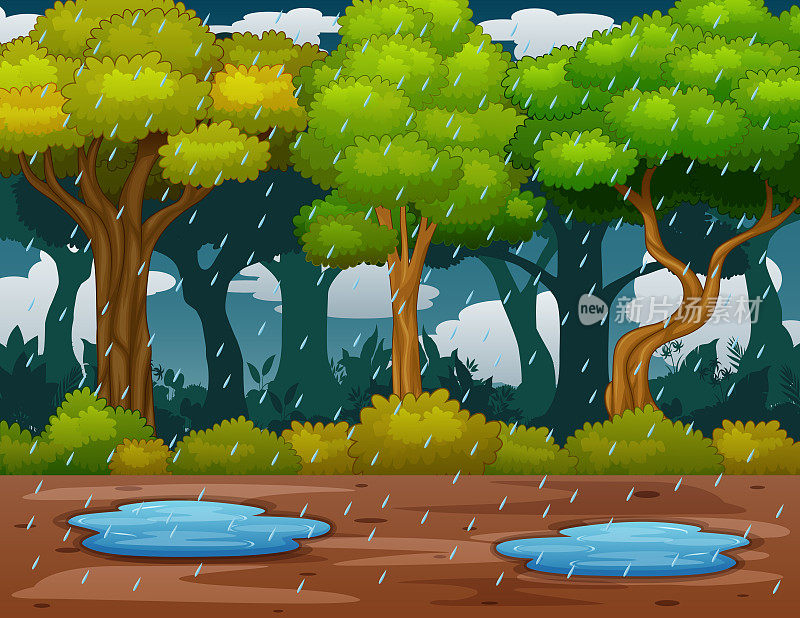 场景与降雨在森林插图