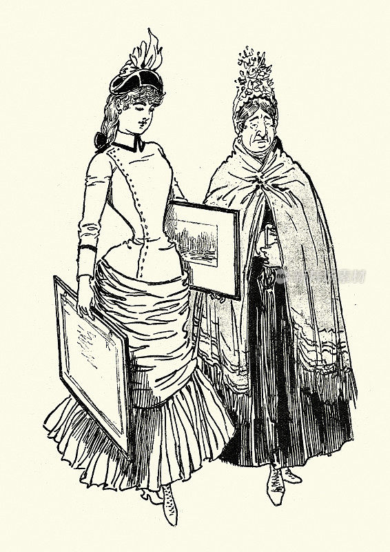 年轻女子和她的母亲购买维多利亚19世纪的艺术品