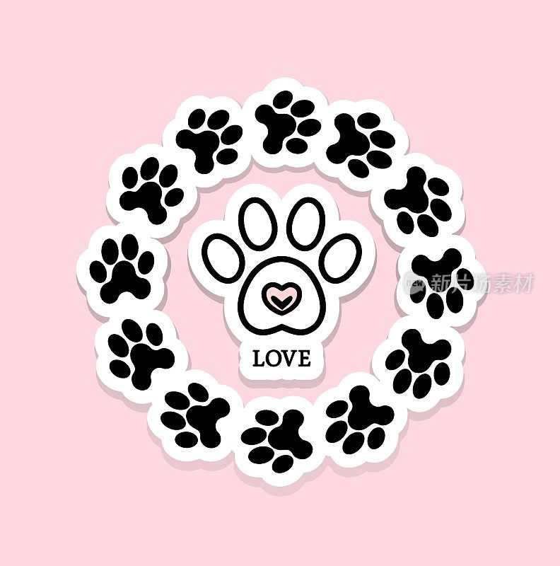 向量黑白宠物狗猫脚印爪标记剪影画标志在粉红色的背景。圆圈花环框架与狗的脚步。心形图标形状在小狗的鼻子。T恤印花。贴纸