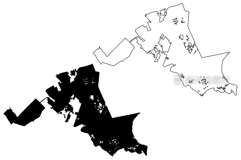 北查尔斯顿市南卡罗莱纳州(美国城市、美国城市、美国城市)地图矢量插图，草稿草图北查尔斯顿市地图