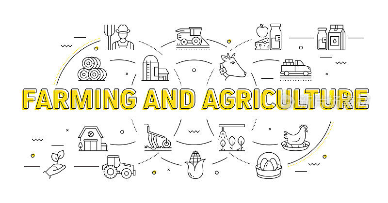 农业和农业相关的现代线条风格矢量插图