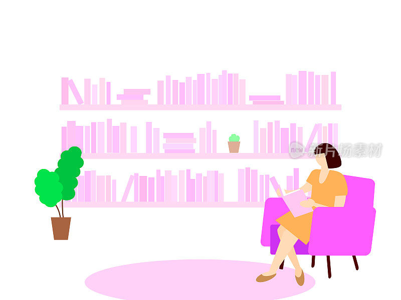 矢量插图。一个女人坐在图书馆的椅子上看书。平面设计
