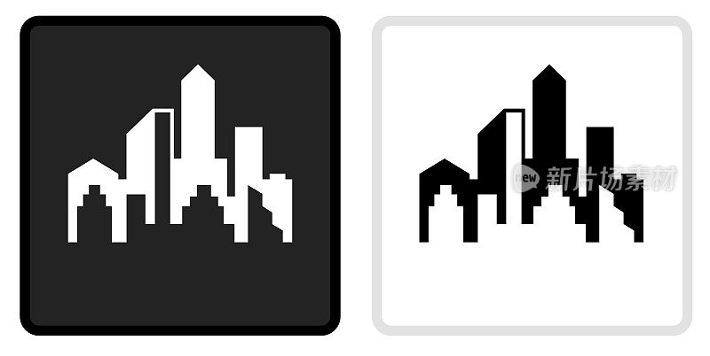 城市景观建筑图标上的黑色按钮与白色翻转