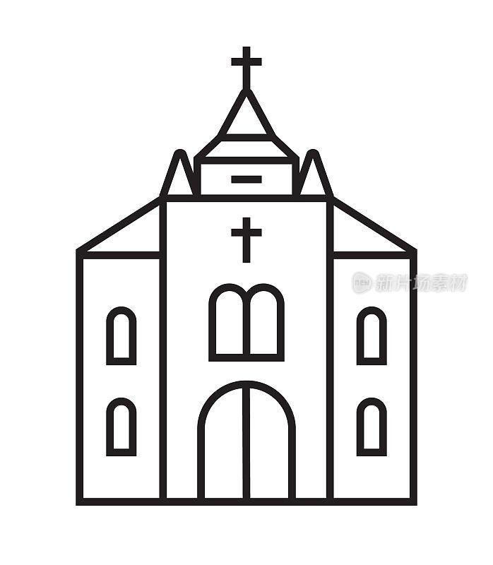 天主教教堂图标矢量线风格。哥特式教堂的标志。