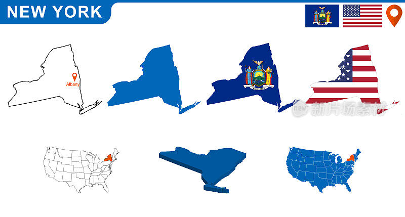 美国纽约州的地图和旗帜。