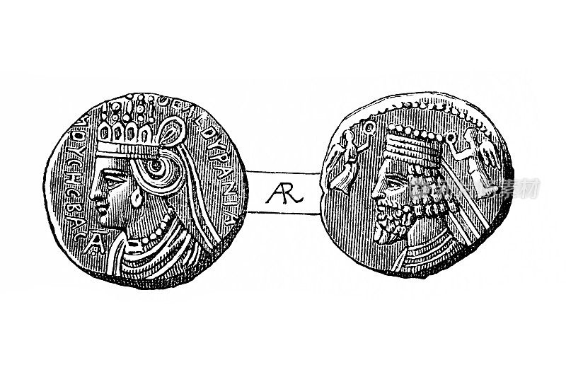 佛拉提斯(佛拉提斯五世)的硬币，展示了他自己和他母亲穆萨的肖像