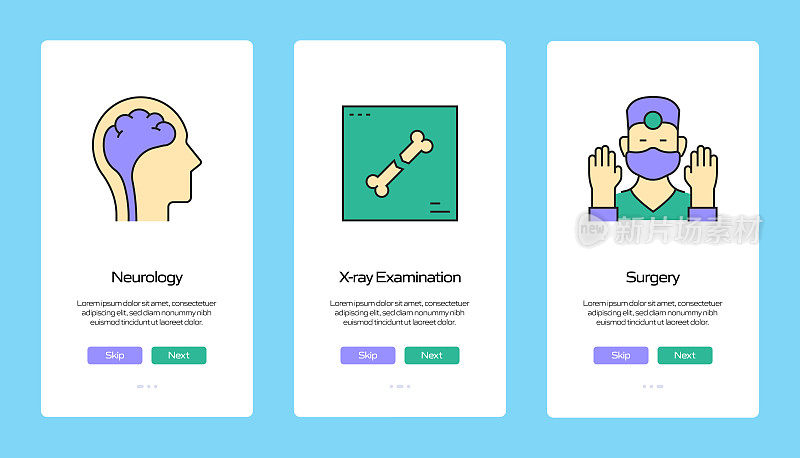 带图标的移动应用程序页面屏幕上的医疗保健和医疗概念。用户体验，用户界面设计模板矢量插图