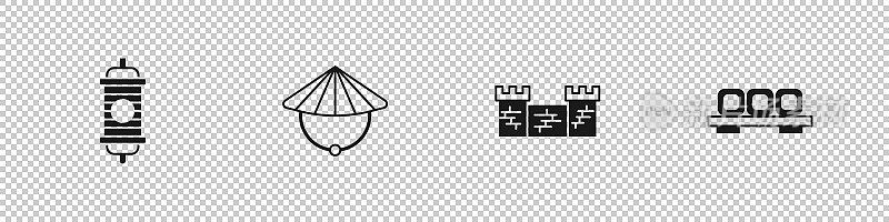 设置中国纸灯笼，锥形草帽，长城和寿司切板图标。向量