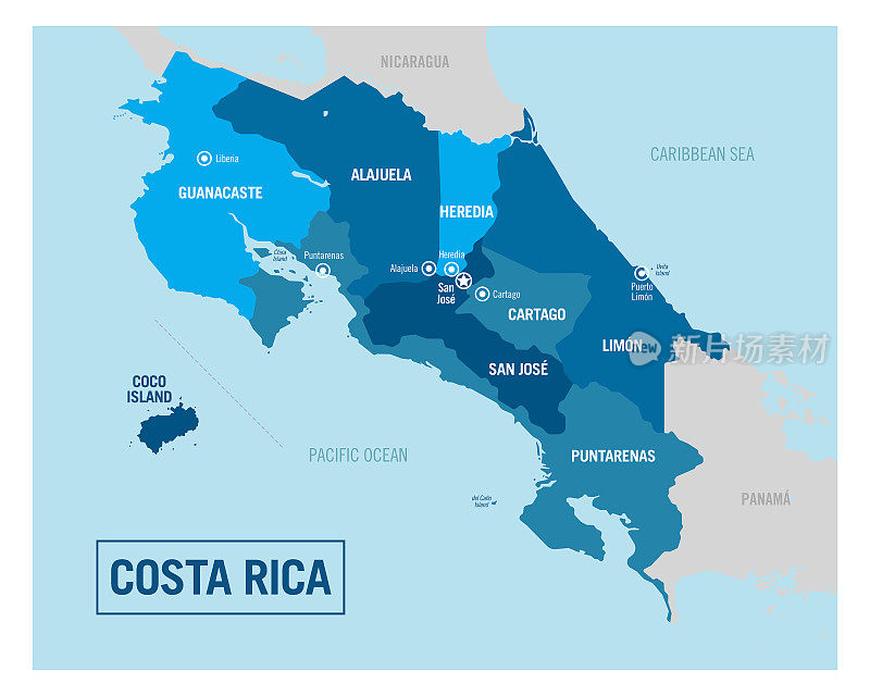 哥斯达黎加国家政治地图。详细说明与孤立的地区，省，部门，州和城市容易拆组。