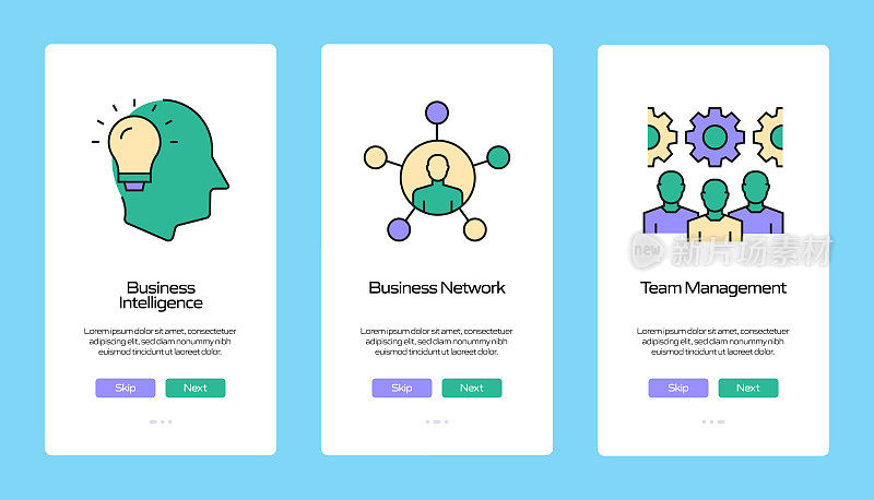现代商业概念入职移动应用程序页面屏幕与平面图标。UI设计模板矢量插图