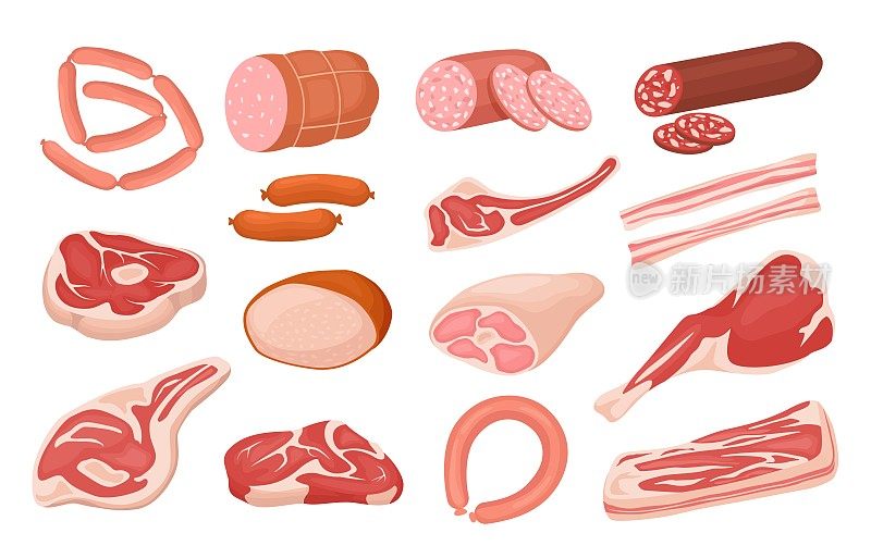 卡通肉类产品。新鲜猪肉香肠，生牛排，意大利腊肠片，火腿，培根，羊腿。烧烤产品烹饪配料向量集