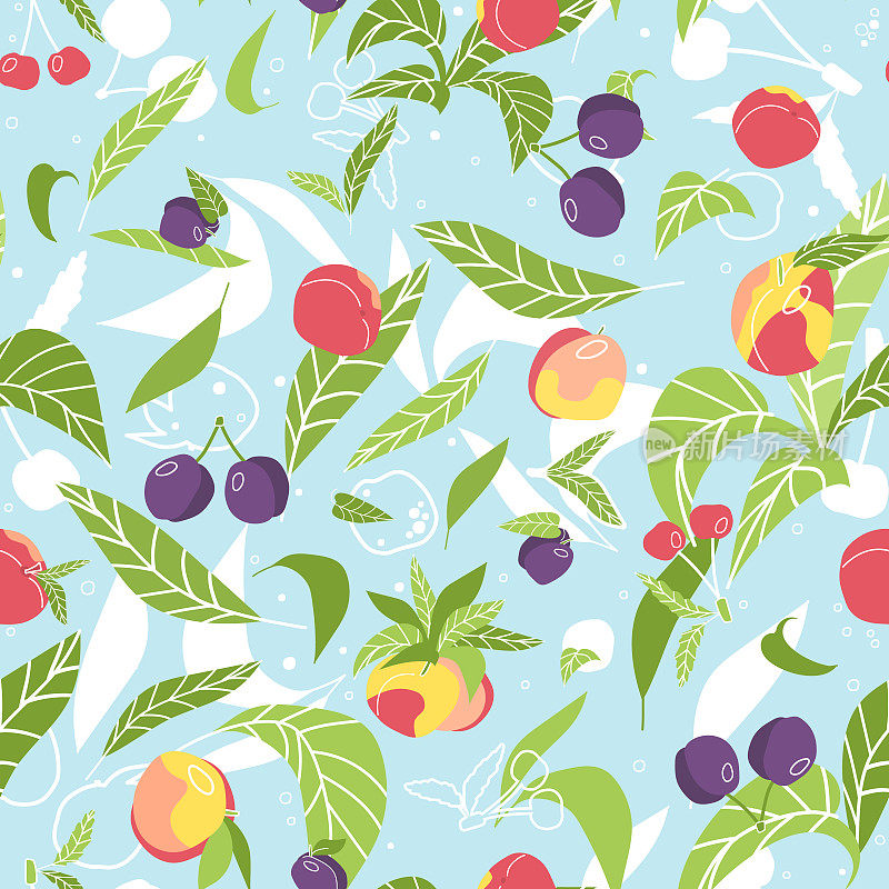 明亮的夏季水果和浆果无缝模式。矢量插图的樱桃，桃子，李子，油桃，叶在蓝色的背景在平风格