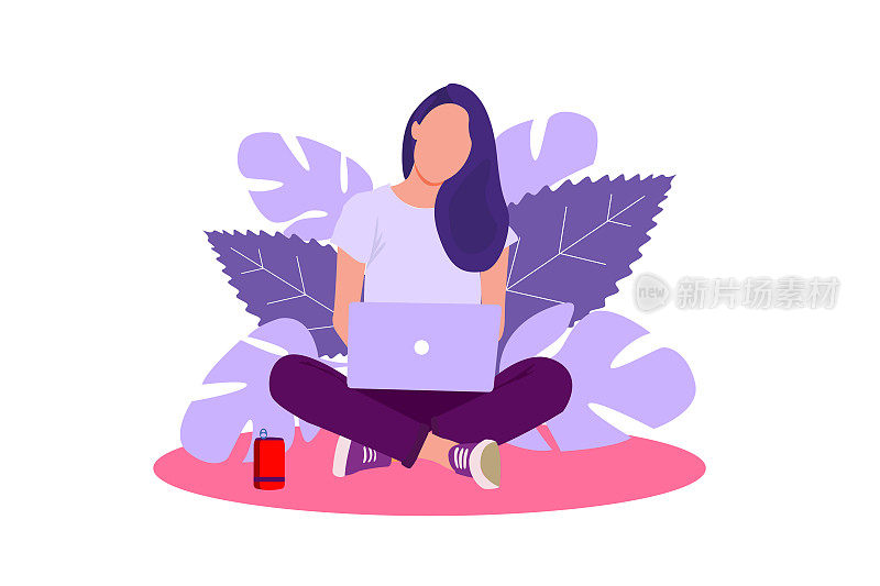 一个女人带着笔记本电脑坐在大自然里。概念说明工作，自由职业，学习，教育，在家工作。矢量插图在平面卡通风格