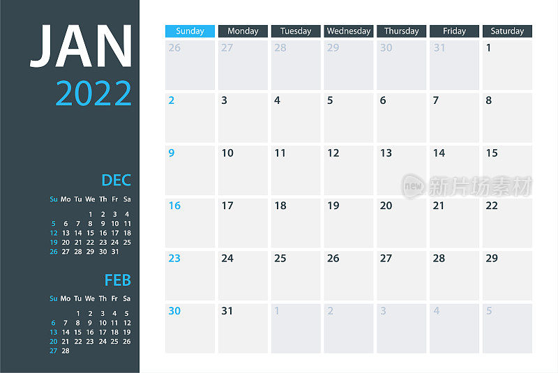 2022年1月日历规划器矢量模板。一周从周日开始