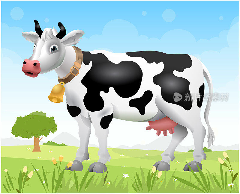 草地上的一头牛。阳光明媚的一天。卡通牛。牛奶。矢量图