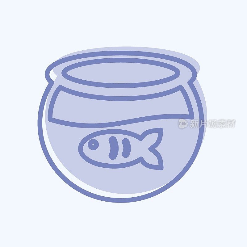 鱼缸图标中的鱼在时尚的两种色调风格孤立在软蓝色背景