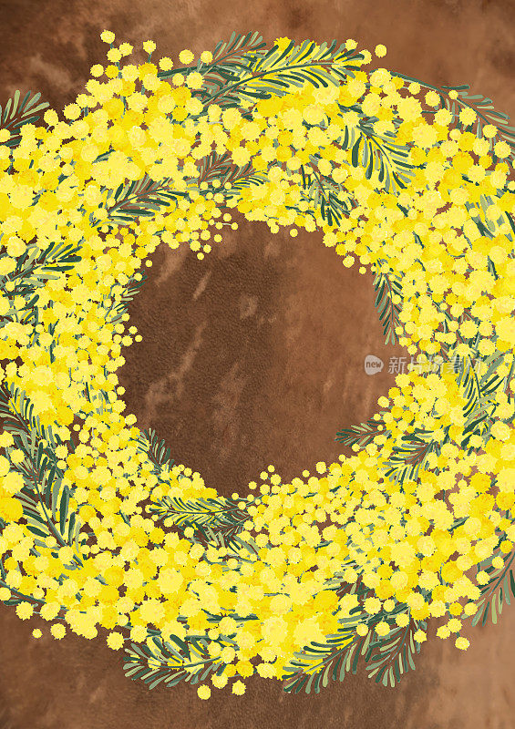 含羞草金合欢花环背景材料花卉手写插图春天形象复古北欧设计