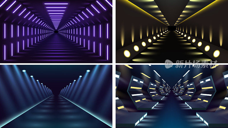 无尽的隧道光学错觉，走廊，失控的瞬移照明荧光灯霓虹灯