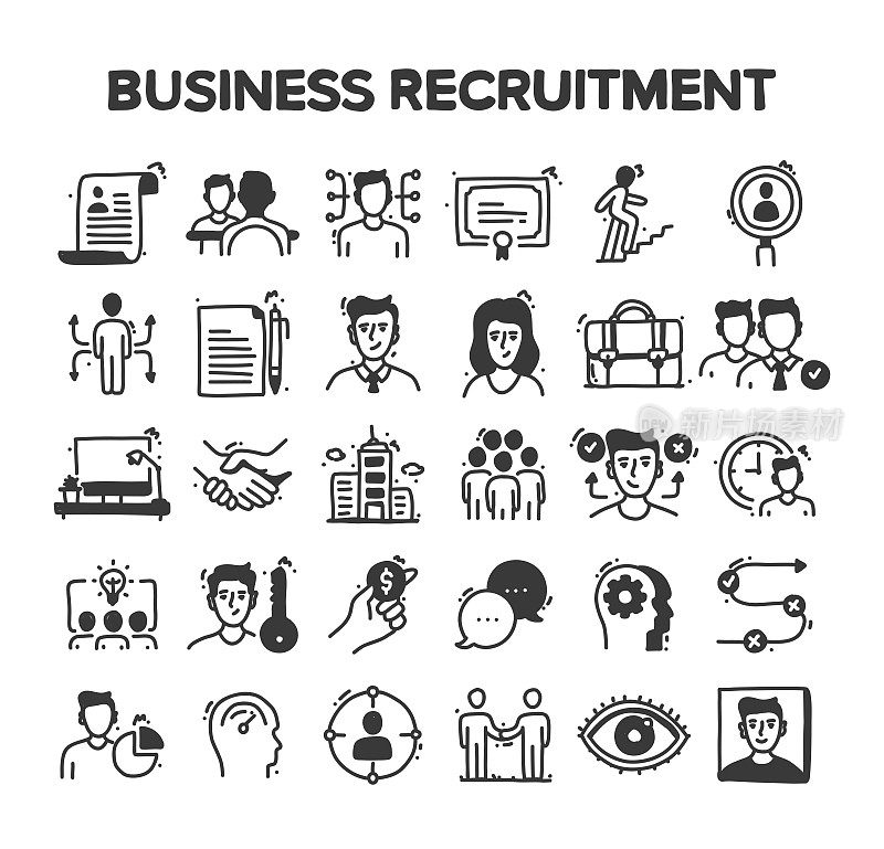 企业招聘相关手绘矢量涂鸦图标集