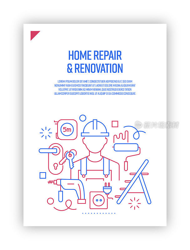 插图向量集家庭维修和翻新的概念。线条艺术风格的网页，横幅，海报，印刷等背景设计。矢量插图。