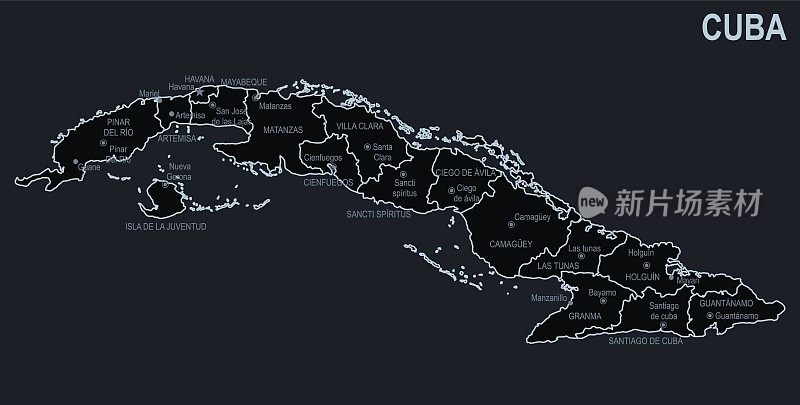 古巴的平面地图，以黑色为背景的城市和地区