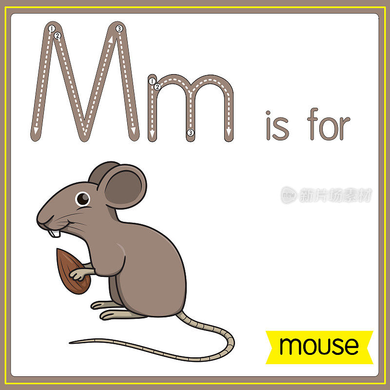 矢量插图学习字母为儿童与卡通形象。字母M代表鼠标。