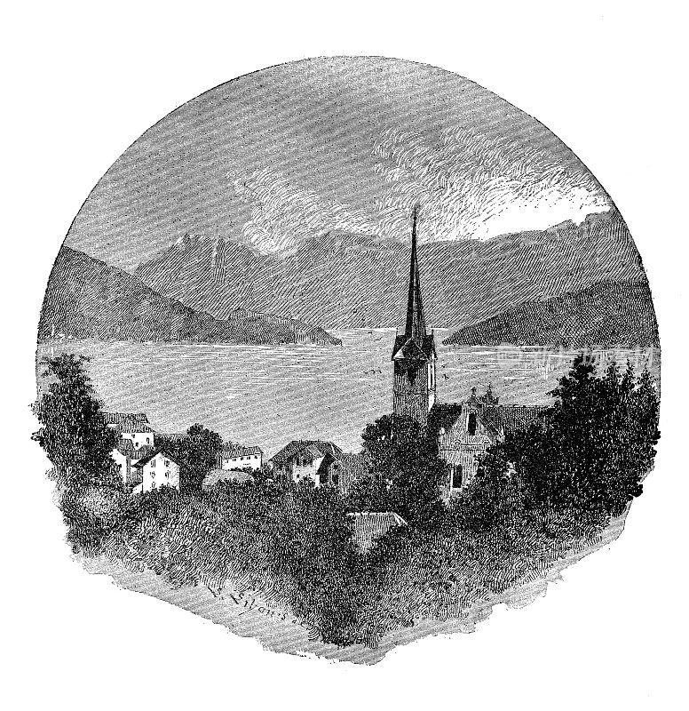 古董插图:瑞士的韦吉斯，卢塞恩湖