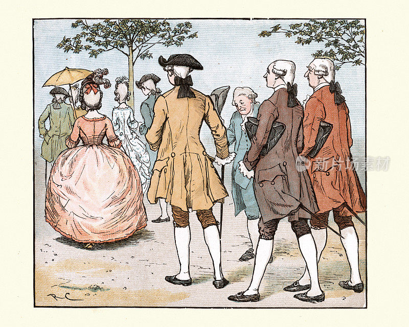 18世纪英格兰的富人和女人外出散步，伦道夫·凯迪克特插图