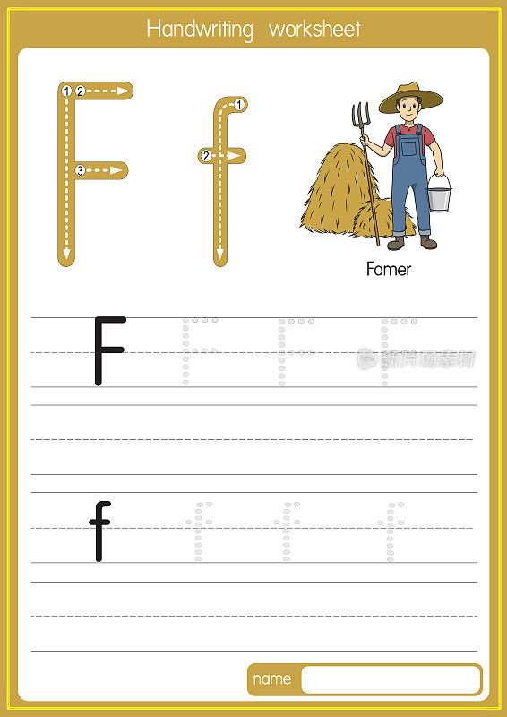 向量插图农民与字母F大写字母或大写字母的儿童学习练习ABC