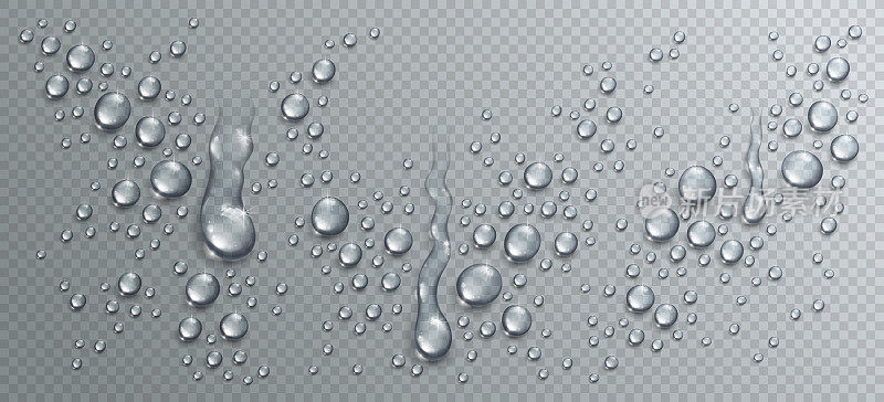 水雨滴或凝结在淋浴逼真透明的三维矢量组成在透明检查网格，容易把任何背景或使用单独的水滴。