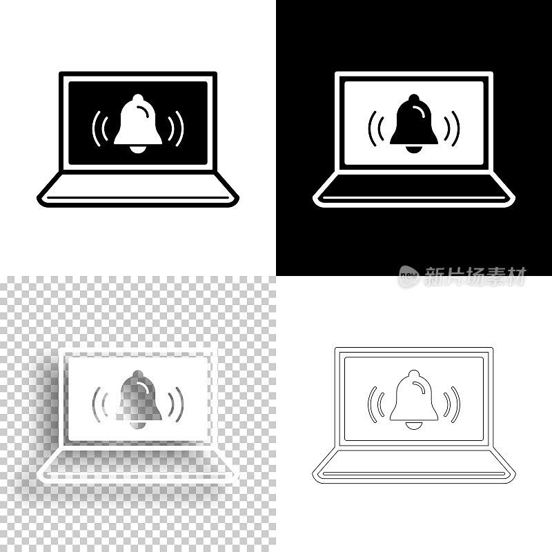 带铃声的笔记本电脑-通知。图标设计。空白，白色和黑色背景-线图标