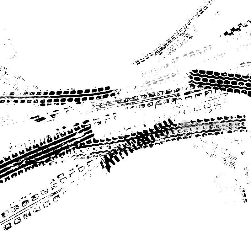 汽车、摩托车或自行车的胎面痕迹。摩托车越野赛，拉力赛，赛道，肮脏车轮的痕迹。矢量纹理。