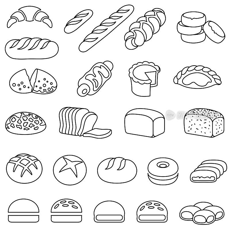 面包房面包和糕点轮廓图标
