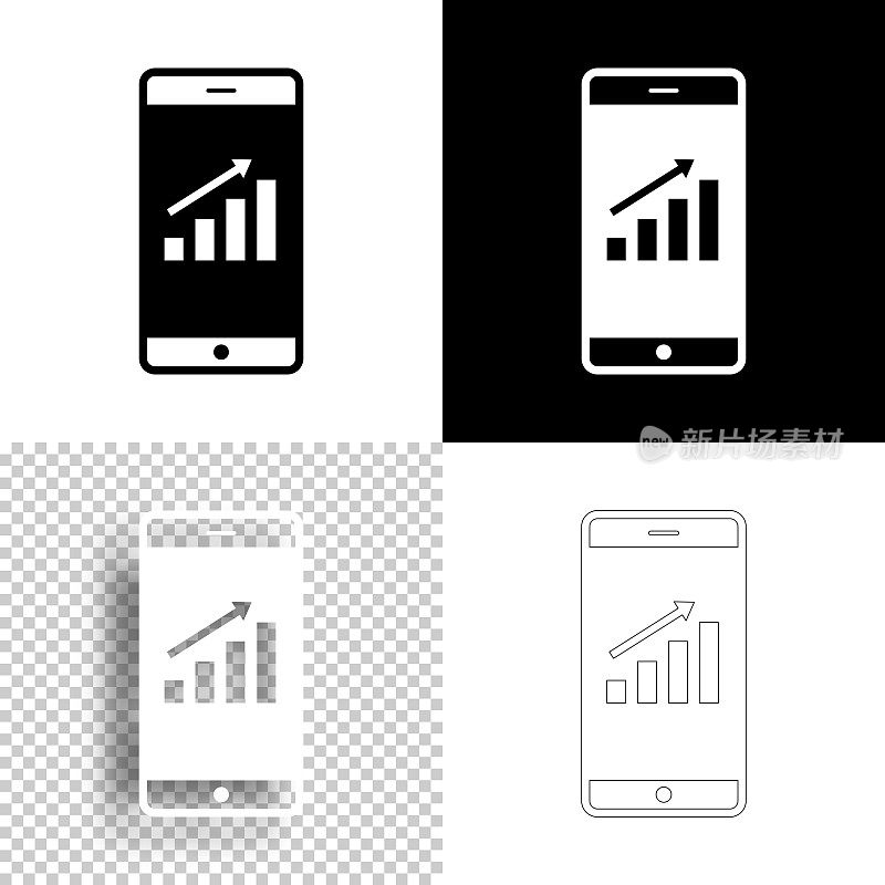 智能手机增长排行榜。图标设计。空白，白色和黑色背景-线图标