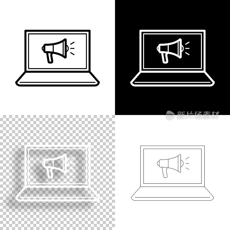 笔记本电脑扩音器。图标设计。空白，白色和黑色背景-线图标