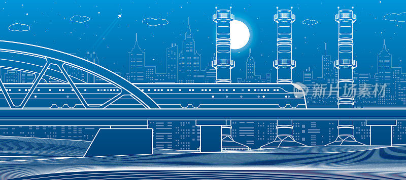 火车在桥上行驶。三个工业管道。城市工业和交通插图。城市场景。蓝色背景上的白线。矢量设计艺术