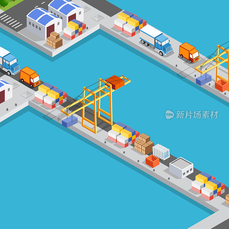 等距工业港、货物港、海上起重、集装箱运输、船舶物流三维图