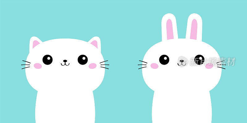 白猫小猫小猫兔兔图标设置。有趣的脸。复活节快乐。可爱可爱的卡通宝宝角色。情人节快乐。平面设计。蓝色背景。孤立。