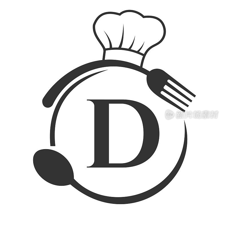 餐厅标志，餐厅标志在字母d厨师帽子，勺子和叉子餐厅符号向量模板