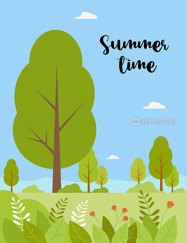 夏天的时间。垂直海报与夏季景观森林，绿色的树木，开花的草地，草和灌木蓝天与云。矢量插图夏天设计，海报，装饰，印刷，传单
