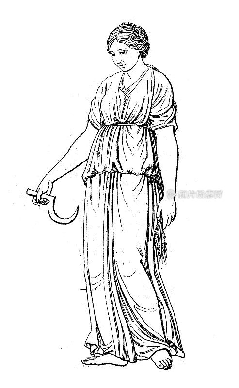 古董雕刻插画，文明:希腊罗马诸神与神话，得墨忒尔(谷神星)