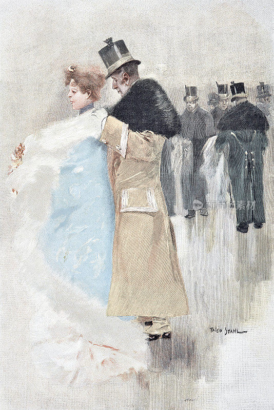 在歌剧舞会上告别时，丈夫帮妻子穿上大衣