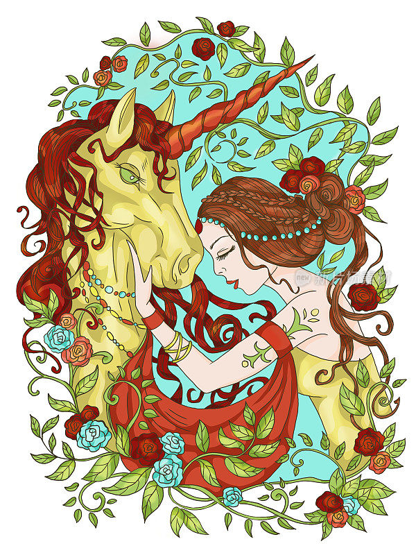 彩色幻想插图手绘美丽的仙女或公主和神奇的独角兽