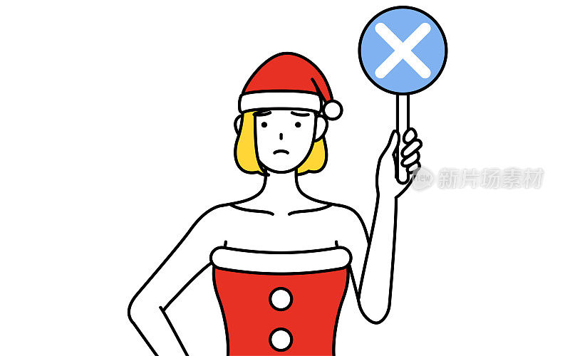 简单的线描插图，一个女人打扮成圣诞老人拿着一串但是指示错误的答案。