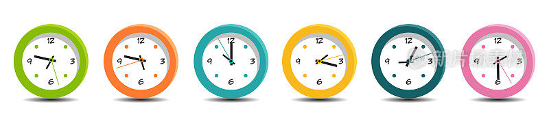 平面风格的时间概念。在孤立的白色背景上的一套现代机械彩色时钟。