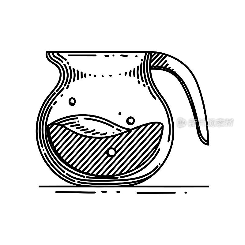 咖啡壶线图标，草图设计，像素完美，可编辑笔画。咖啡