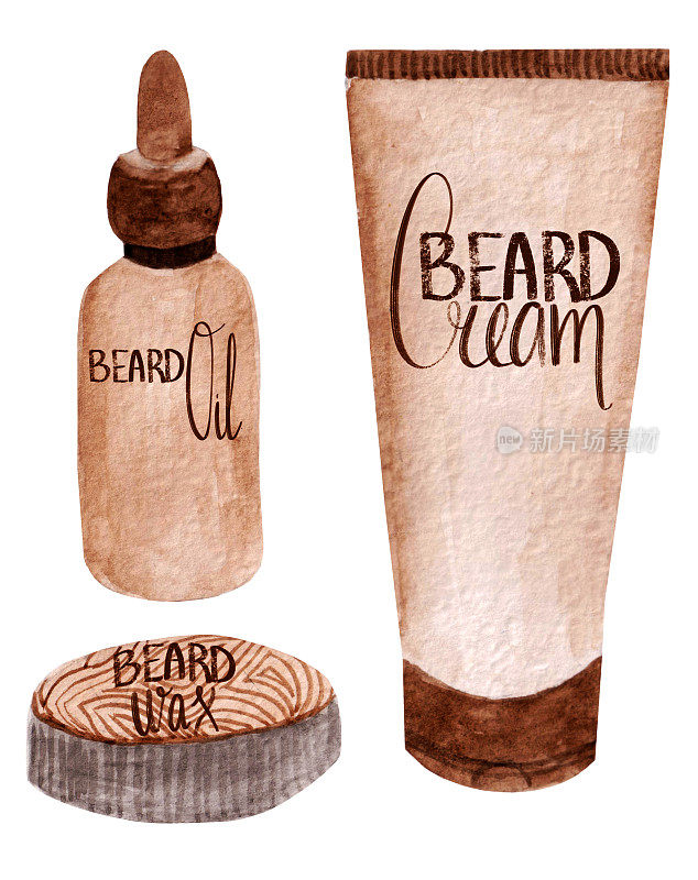 水彩收集霜，油，蜡为胡子隔离在白色背景。集合在深浅的棕色和木制风格