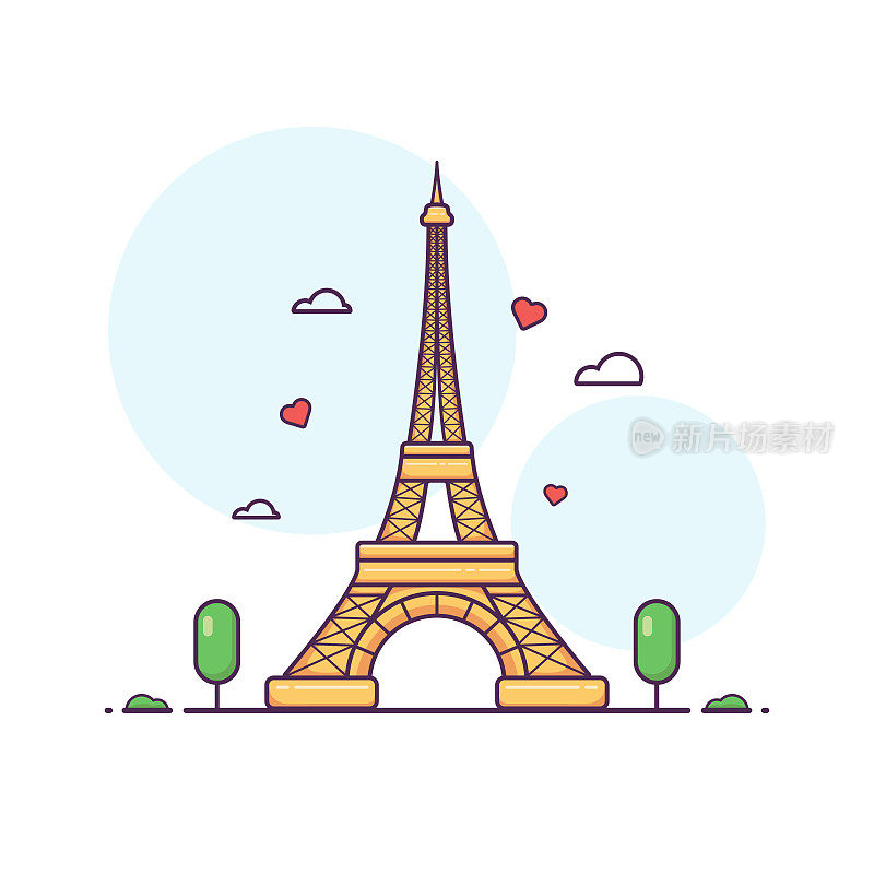 可爱可爱的卡通浪漫的法国埃菲尔铁塔贴纸图标吉祥物和标志插图